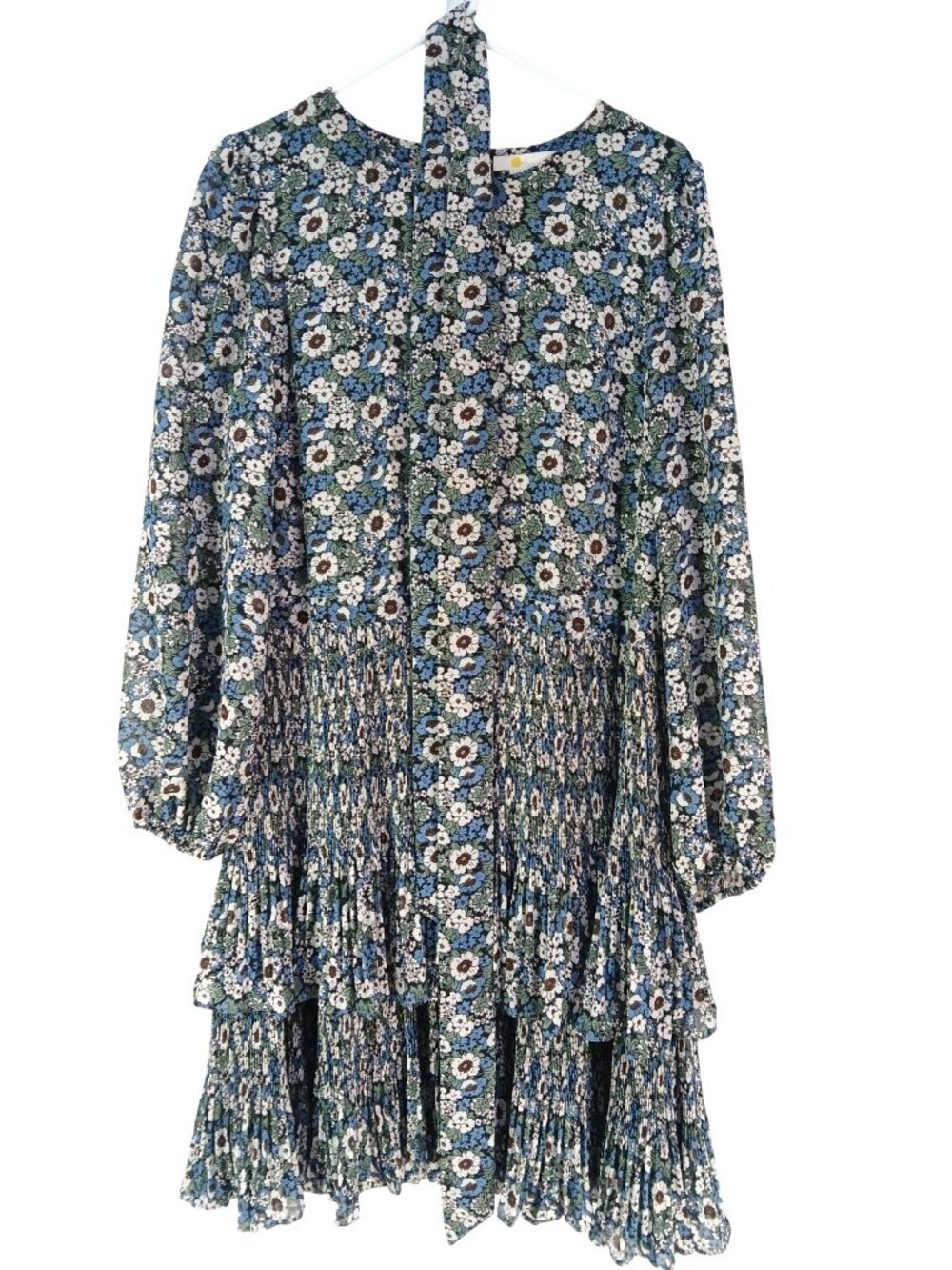 Boden Floral Tiered Long Sleeve Dress US 14 Blue Green Multicolor Plisse Mini - Picture 5 of 16